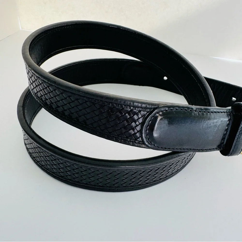 Cole Haan Men's Black Woven Leather Belt 36 Gold Brass Buckle Basketweave A08462